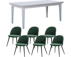 Venedig eethoek eettafel wit 95x180/276 met 2 stuks extra plaat 6 stoelen velours groen.