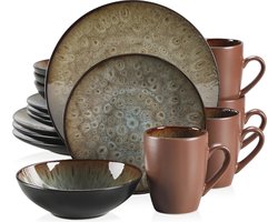 Venori Aardewerk servies - Bruin bubble servies - 16-delig - 4 persoons serviesset - Dinerbord - Dessertbord - Pastabord - Kom