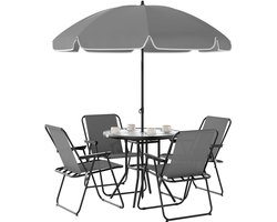 Venori Tuinset - Tuintafel - Tuinstoelen - 6-delig - Tafel met 4 stoelen - Met parasol - Opvouwbaar - Zonnewering - Donkergrijs