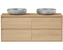 Vente-unique Badkamermeubel met dubbele wastafel in steen - Eikenfineer - 120 cm - MILIPAM