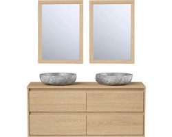 Vente-unique Badkamermeubel met dubbele wastafel van steen met spiegel - Eikenfineer - 120 cm - MILIPAM