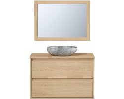 Vente-unique Badkamermeubel met opzetwastafel in steen met spiegel - Eikenfineer - 80 cm - MILIPAM