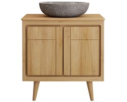 Vente-unique Badkamermeubel op poten van teakhout met grijze waskom van steen - 80 cm - BINTUNI