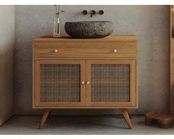 Vente-unique Badkamermeubel van licht teakhout en riet met stenen wastafel - 90 cm - MANSULAN