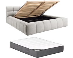 Vente-unique Bed met opbergruimte stof lichtgrijs 180 x 200 cm (Super King Size Bed)