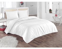 Vente-unique Bedlinnen in katoenperkal - Dekbedovertrek 240 x 260 cm + 2 kussenslopen 63 x 63 cm - Wit met beige bies - AGAMI van PALACIO