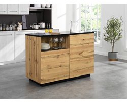 Vente-unique Centraal keukeneiland met 2 deuren en 1 nis van mdf - Naturel en zwart - CORELINA L 120 cm x H 90 cm x D 60 cm