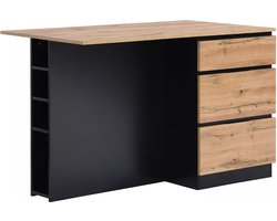 Vente-unique Centraal keukeneiland met 6 lades en 4 nissen van mdf - Licht naturel en zwart - POMARELA L 140 cm x H 91 cm x D 80 cm