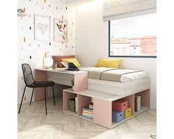 Vente-unique Combinatiebed 90 x 200 cm met opbergruimte en bureau - Kleur: houtlook en roze - RIGALI L 233.2 cm x H 100.5 cm x D 128.8 cm