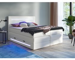Vente-unique Complete boxspring met hoofdeinde met LEDs, bedbodem met opbergruimte, matras en dekmatras - Wit - Kunstleer - 160 x 200 cm - KEROS van DREAMEA L 200 cm x H 118 cm x D 160 cm