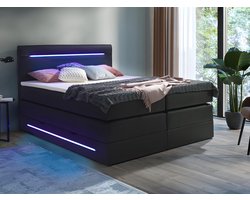 Vente-unique Complete boxspring met hoofdeinde met LEDs, bedbodem met opbergruimte, matras en dekmatras - Zwart - Kunstleer - 160 x 200 cm - KEROS van DREAMEA L 200 cm x H 118 cm x D 160 cm