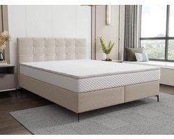 Vente-unique Complete set met boxspring en gecapitonneerd hoofdbord + bedbodem + matras + topmatras - 160 x 200 cm - Stof - Beige - INAO van YSMÉE L 207 cm x H 105 cm x D 165 cm