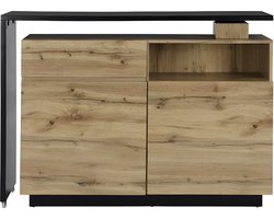 Vente-unique Draaibaar barmeubel ELDIR - 2 deuren, 1 lade en 1 nis - MDF - Eiken & zwart L 130 cm x H 95 cm x D 40 cm