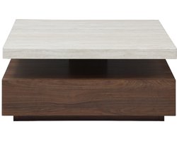 Vente-unique Draaibare salontafel met 1 lade in MDF - Travertin-effect en donker naturel - KYRIA