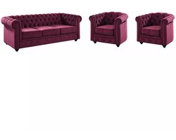 Vente-unique Driezitsbank en 2 fauteuils CHESTERFIELD - velours - paars