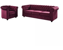 Vente-unique Driezitsbank en fauteuil CHESTERFIELD - velours - paars
