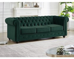 Vente-unique Driezitsbank van groen velours CHESTERFIELD