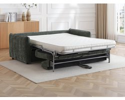 Vente-unique Driezitsslaapbank express in groene gestructureerde stof - Slaapoppervlak 145 cm MALOGU