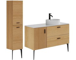 Vente-unique Geribbeld badkamermeubel op poten met opzetwastafel en kast - 1 deur en 2 lades - Licht naturel - 120 cm - SARONE
