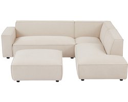 Vente-unique Grote hoekbank met hoek rechts en poef van beige ribfluweel BORORE