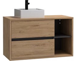 Vente-unique Hangend badkamermeubel met vierkante wastafel - Naturel - 100 cm - PURNAL