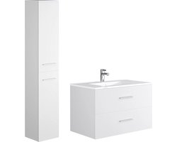 Vente-unique Hangend badkamermeubel voor enkele wastafel met kolomkast - Wit - 80 cm - KAYLA