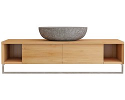 Vente-unique Hangend teakhouten badkamermeubel met handdoekhouder en grijze stenen opzetwastafel - 120 cm - KUPANG