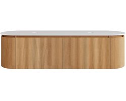 Vente-unique Hangend wastafelonderkast met gestreept essenhout en mat gesinterd stenen blad - Licht naturel - B180 cm - LILIKO