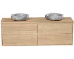 Vente-unique Hangmeubel voor badkamer met dubbele wastafel om erop te plaatsen in steen - Eikenfineer - 150 cm - MILIPAM