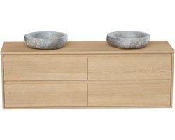 Vente-unique Hangmeubel voor badkamer met dubbele wastafel om erop te plaatsen van steen - Eikenfineer - 150 cm - MILIPAM