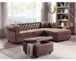Vente-unique Hoekbank chesterfield omkeerbaar TOLEDO van microvezel met verouderd effect - Bruin