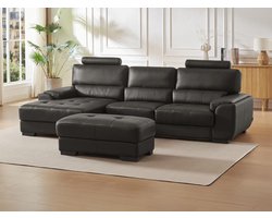 Vente-unique Hoekbank en poef van leer METROPOLITAN II - zwart - hoek links L 275 cm x H 94 cm x D 152 cm