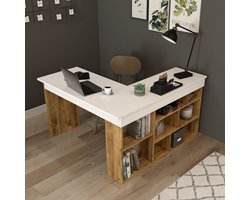 Vente-unique Hoekbureau met opbergruimte - Wit en naturel - LILEUL L 129 cm x H 72 cm x D 120 cm