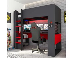 Vente-unique Hoogslaper gamer NOAH met bureau en opbergruimtes - 90 x 200 cm - met LED's - Antraciet en rood L 206 cm x H 183 cm x D 110 cm