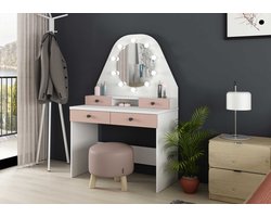 Vente-unique Kaptafel GABRIELA - Spiegel met ledverlichting en opbergruimtes - Wit en roze L 100 cm x H 147 cm x D 41 cm