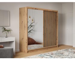 Vente-unique Kast met 2 schuifdeuren - Met spiegel - L203 cm - Kleur: houteffect en zwart - CALOWI