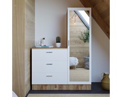 Vente-unique Kast met 3 lades en element met spiegel - Wit en houtlook - VITORIO