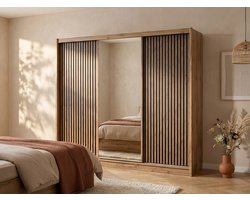 Vente-unique Kast met 3 schuifdeuren - Met spiegel - L250 cm - Kleur: naturel en zwart - CALOWI