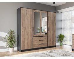 Vente-unique Kast met 4 deuren en 3 lades - Met spiegels - L196 cm - Kleuren: houtlook en zwart - LAMIKI