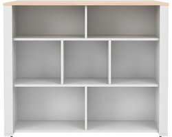 Vente-unique Keukeneiland met opbergruimte OPOLE - 7 nissen - Wit en eiken L 110.2 cm x H 90.5 cm x D 80 cm