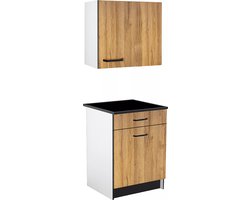 Vente-unique Keukenkastjes - 1 onderkast en 1 bovenkast - 2 deurtjes en 1 lade - Houtlook & zwart - TRATTORIA L 60 cm x H 84.8 cm x D 60 cm