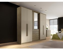 Vente-unique Kledingkast ISAK - 4 deuren - Spiegel en laden - L240 cm - Eiken en ivoorkleur