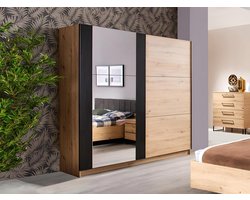 Vente-unique Kledingkast met 2 schuifdeuren PHILADELPHIE - Met spiegel - L217 cm - Eiken en zwart