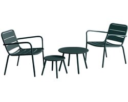 Vente-unique Metalen loungeset - 2 stapelbare, lage fauteuils en uitschuiftafeltjes - Spargroen - MIRMANDE van MYLIA L 60 cm x H 71.5 cm x D 67.5 cm
