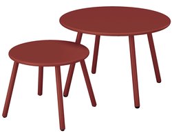 Vente-unique Metalen tuinset - 2 stapelbare lage fauteuils en bijzettafels - Rood - MIRMANDE van MYLIA L 60 cm x H 71.5 cm x D 67.5 cm