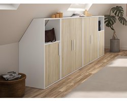 Vente-unique Meubel voor onder een hellend dak 6 deuren en 2 nissen - Wit en naturel - ADEZIO