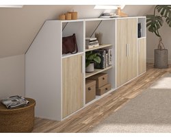 Vente-unique Meubel voor onder een schuin dak met 4 deurtjes, 2 planken en 2 nissen - Wit en naturel - ADEZIO