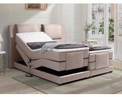 Vente-unique [NEW VERSION]Tweepersoons boxspring met elektrische bedbodem + matras en dekmatras CASTEL PALACIO - 2x80x200cm - Beige stof L 218 cm x H 125 cm x D 183 cm