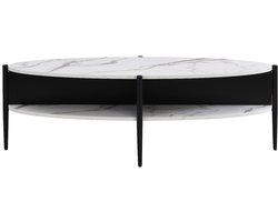 Vente-unique Ovale salontafel met 4 nissen van mdf en metaal - Wit marmereffect en zwart - EVARO