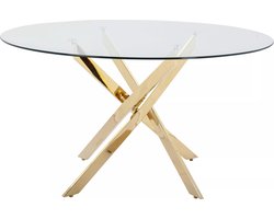 Vente-unique Ronde eettafel – 6 personen – Gehard glas en goudkleurig metaal – Transparant – COSIMA
